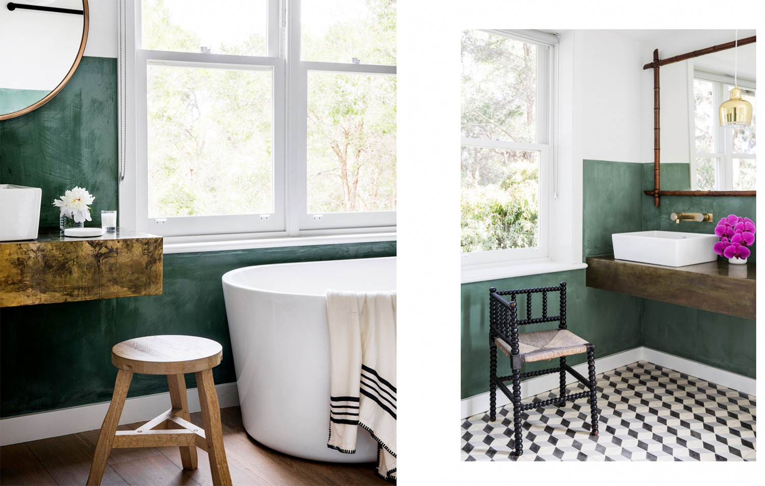 visite privée salle de bain mur vert et carrelage noir et blanc