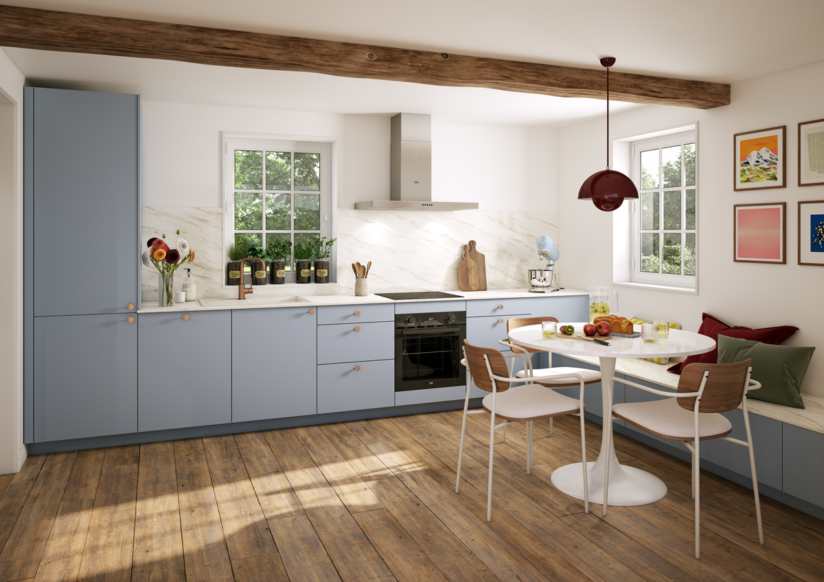 Cuisine sur mesure ixina bleu mat avec rangements intégrés et coin repas